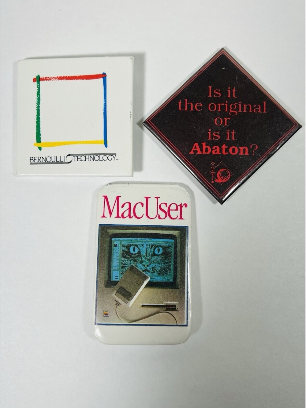 Vintage 1980s MacUser Bernoulli Abaton Macintosh Computer Pin Button Lot